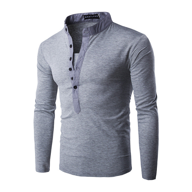 Men's Solid Color Multi-Button Decoration Casual Long-Sleeved T-Shirt